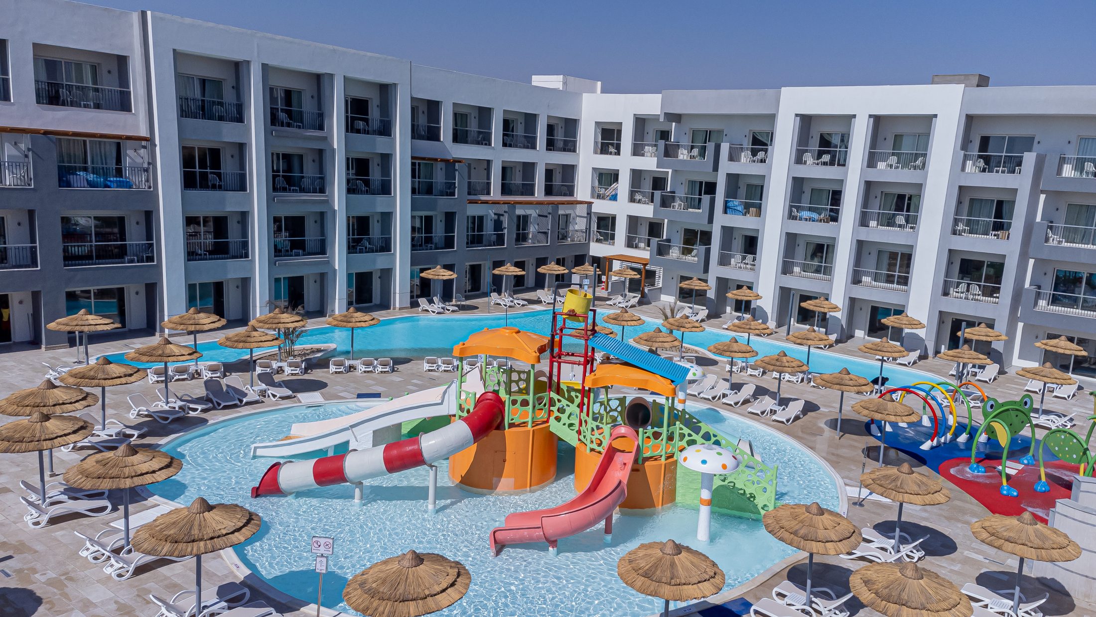 Resort buildings and aquapark from ground level